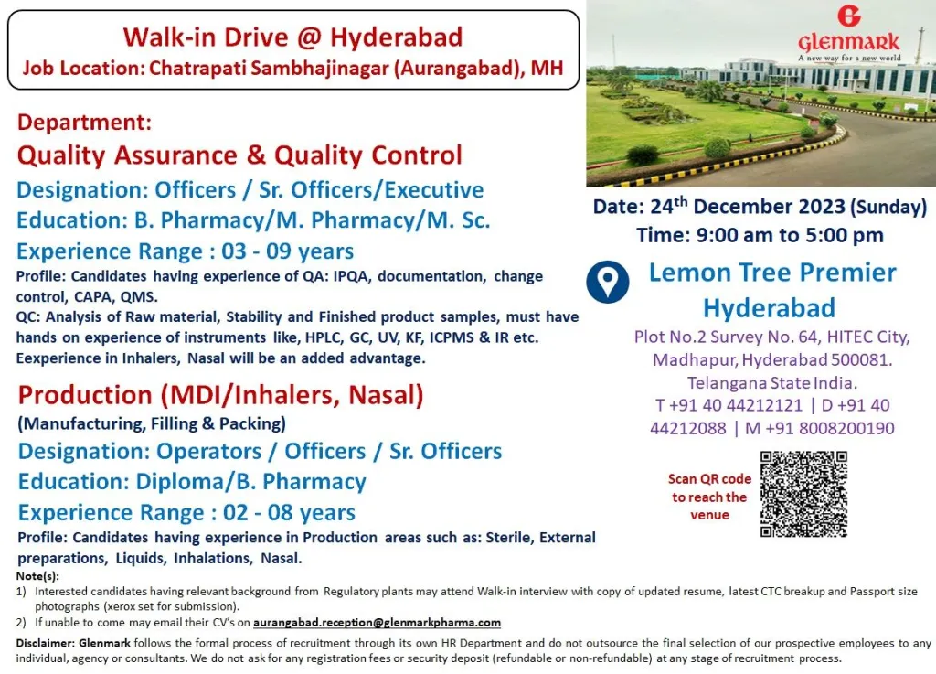 Glenmark Pharmaceuticals - Walk-In Interviews for Multiple Positions in QA, QC, Production on 24th Dec 2023